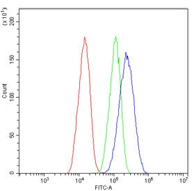 Flow cytometry testing of human HepG2 cells with Pinin antibody at 1ug/million cells (blocked with g