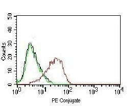 Flow cytometry testing of human MCF-7 cells using PE conjugated EpCAM antibody (red) and isotype con
