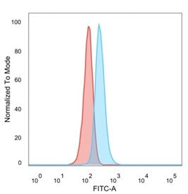 FACS staining of PFA-fixed human HeLa cells with ZNF408 antibody (blue, clone PCRP-ZNF408-1E5), and 