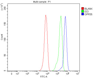 Flow Cytometry analysis of human HepG2 cells using anti-GPR35 antibody. Overlay histogram showing He