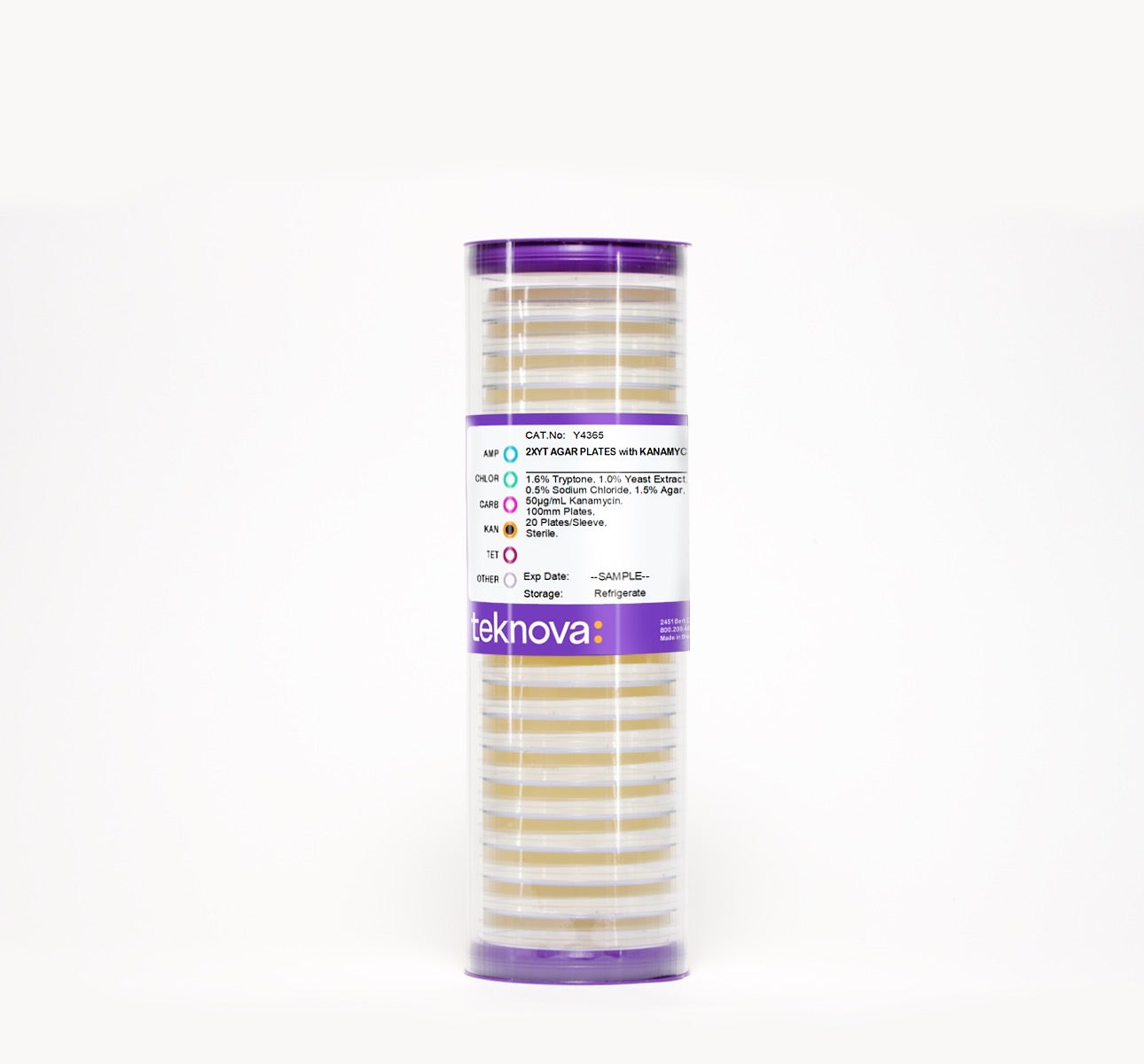 2XYT Agar Plates with Kanamycin-50. 100mm Plates, 20 Plates/Sleeve, Sterile.