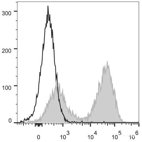 C57BL/6 murine splenocytes are stained with PerCP/Cyanine5.5 Anti-Mouse MHC II (I-A/I-E) Antibody[Used at 0.05 μg/10<sup>6</sup> cells dilution](filled gray histogram). Unstained splenocytes (empty black histogram) are used as control.