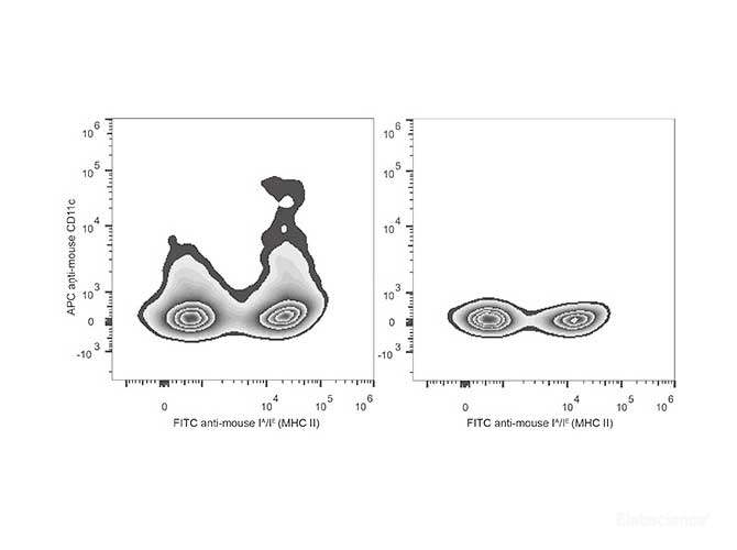 Mouse splenocytes are stained with FITC Anti-Mouse CD4 Antibody[Used at 0.2 μg/10<sup>6</sup> cells dilution](filled gray histogram). Unstained splenocytes (blank black histogram) are used as control.