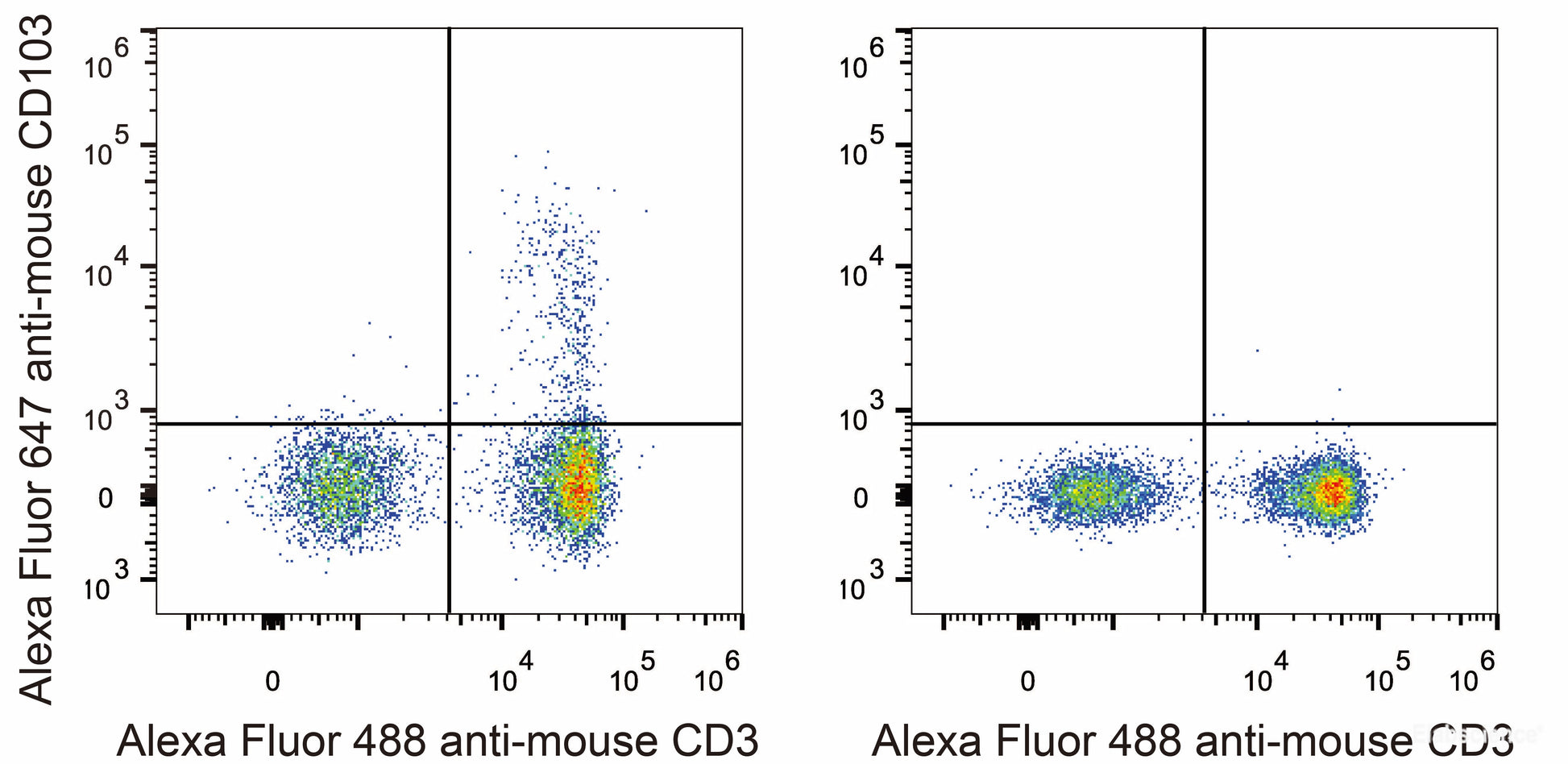 C57BL/6 murine splenocytes are stained with AF647 Anti-Mouse CD103 Antibody and AF488 Anti-Mouse CD3 Antibody(Left). Splenocytes stained with AF488 Anti-Mouse CD3 Antibody (Right) are used as control.