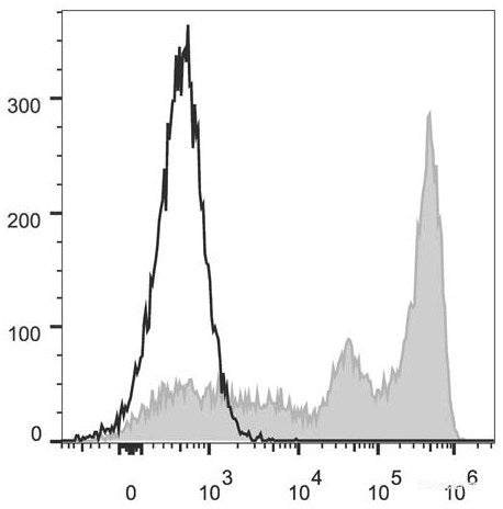 C57BL/6 murine splenocytes are stained with FITC Anti-Mouse CD45 Antibody[Used at 0.2 μg/10<sup>6</sup> cells dilution](filled gray histogram). Unstained splenocytes (empty black histogram) are used as control.