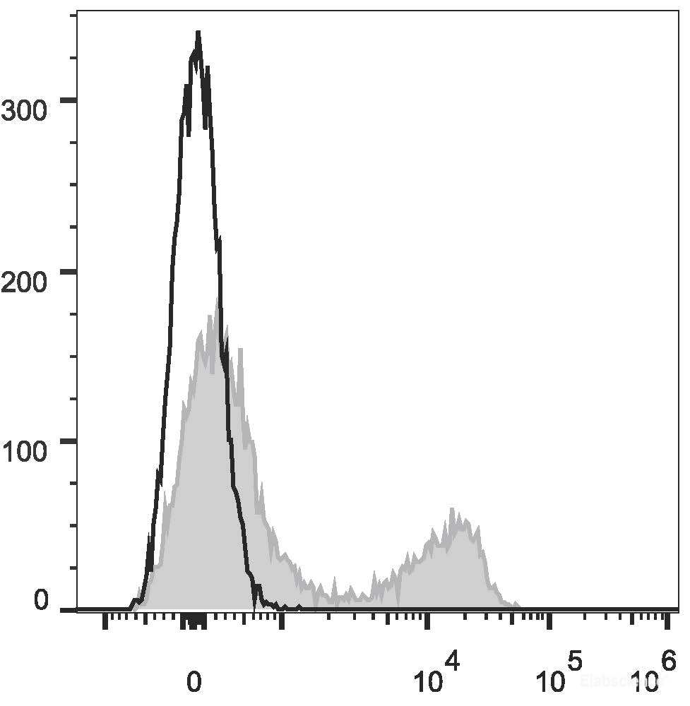 C57BL/6 murine splenocytes are stained with APC Anti-Mouse TCRβ Antibody(filled gray histogram). Unstained splenocytes (empty black histogram) are used as control.