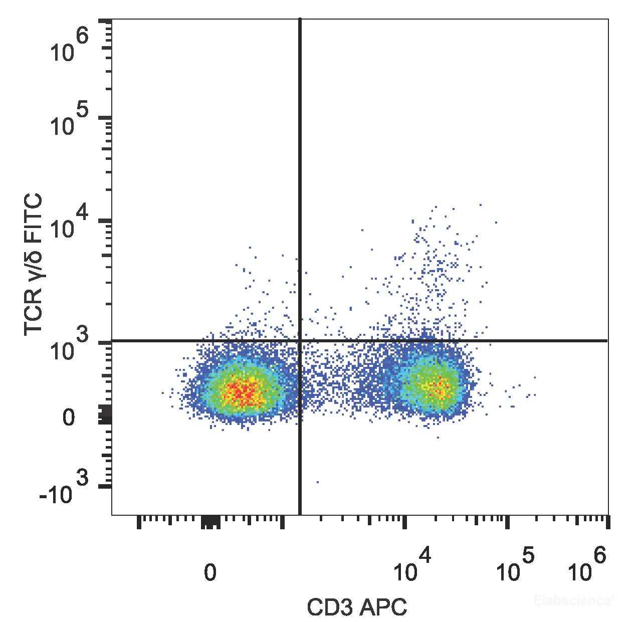 C57BL/6 murine splenocytes are stained with FITC Anti-Mouse TCR γ/δ Antibody[Used at 0.5 μg/10<sup>6</sup> cells dilution] and APC Anti-Mouse CD3 Antibody.