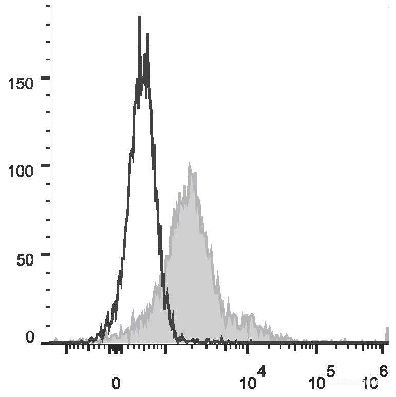 Con-A stimulated C57BL/6 splenocytes (3 days) are stained with PE/Cyanine5.5 Anti-Mouse CD279/PD-1 Antibody[Used at 0.2 μg/10<sup>6</sup> cells dilution](filled gray histogram). Unstained splenocytes (empty black histogram) are used as control.