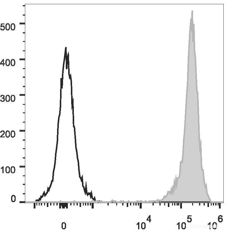 Rat thymocytes are stained with PerCP/Cyanine5.5 Anti-Rat CD90/Mouse CD90.1 Antibody[Used at 0.2 μg/10<sup>6</sup> cells dilution](filled gray histogram). Unstained thymocytes (empty black histogram) are used as control.