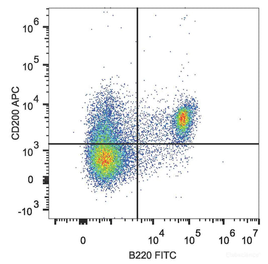 C57BL/6 murine splenocytes are stained with APC Anti-Mouse CD200 Antibody[Used at 0.2 μg/10<sup>6</sup> cells dilution] and FITC Anti-Mouse CD45R/B220 Antibody.
